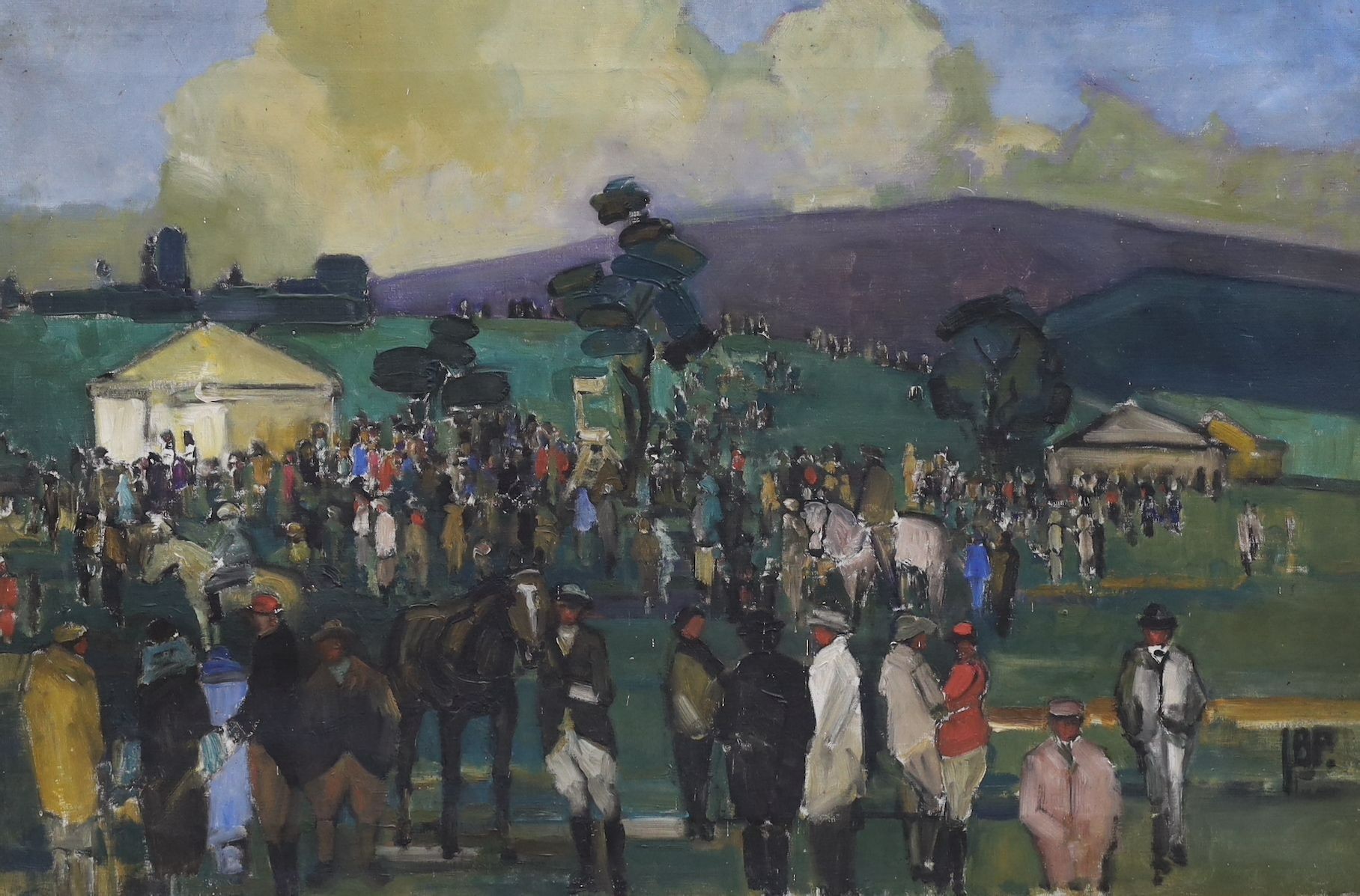 Attributed to Bertram Priestman (1868-1951), oil on canvas, Sketch of a race meeting, initialled, 51 x 76cm, unframed